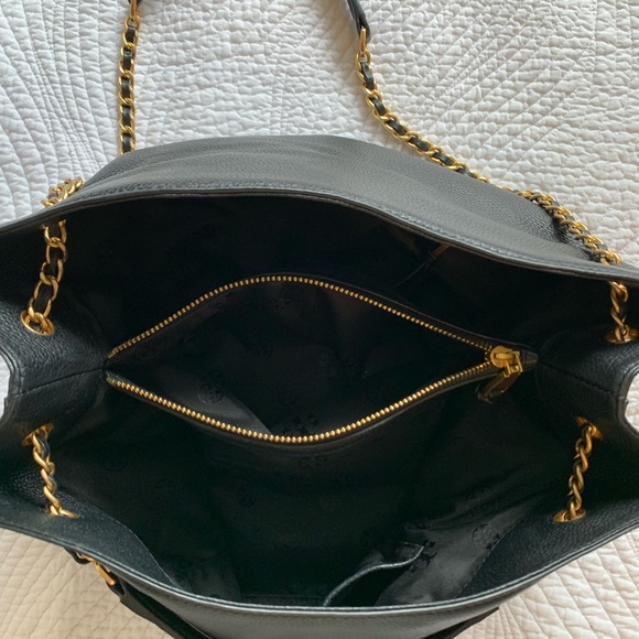 TORY BURCH Britten Pebbled Leather Slouchy Tote Handbag. Black - Picture 8 of 14